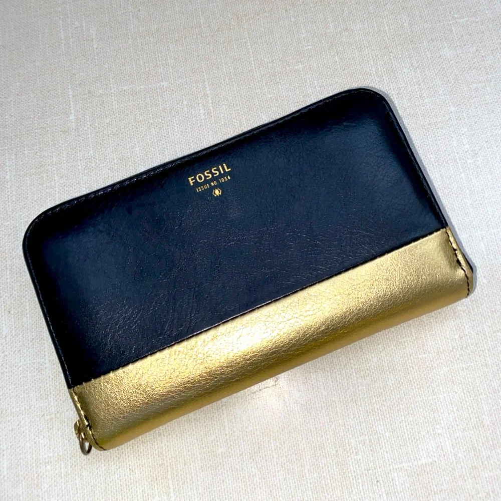 FOSSIL Gold‎ Black Leather Organizer Zip Wallet